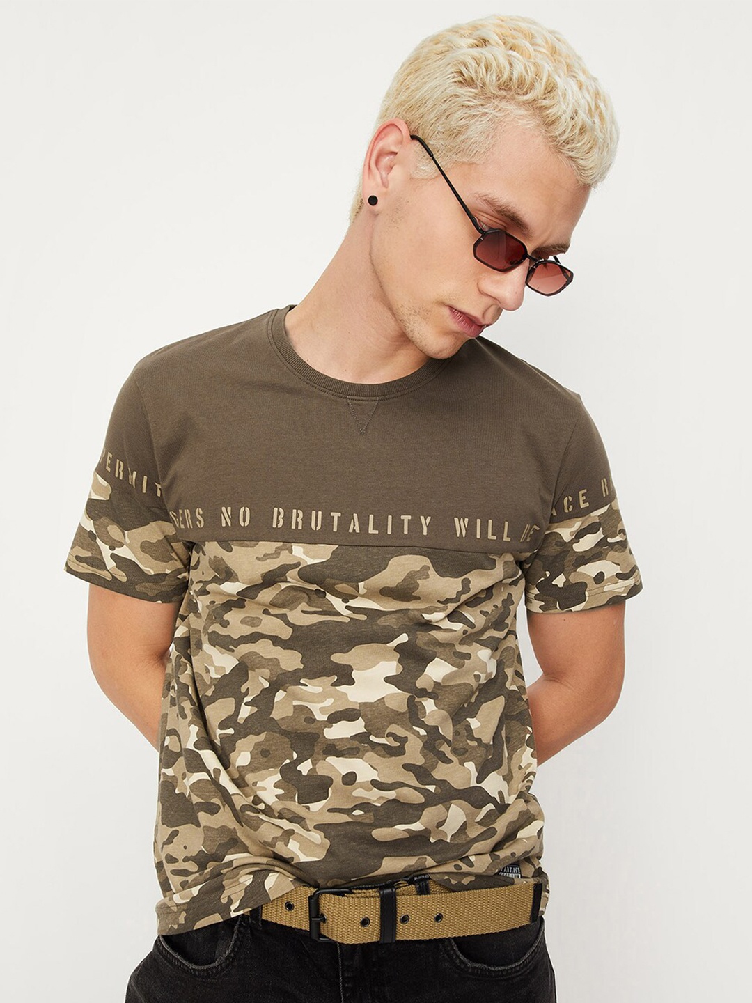 max Camouflage Printed Round Neck Pure Cotton T-shirt, Brown