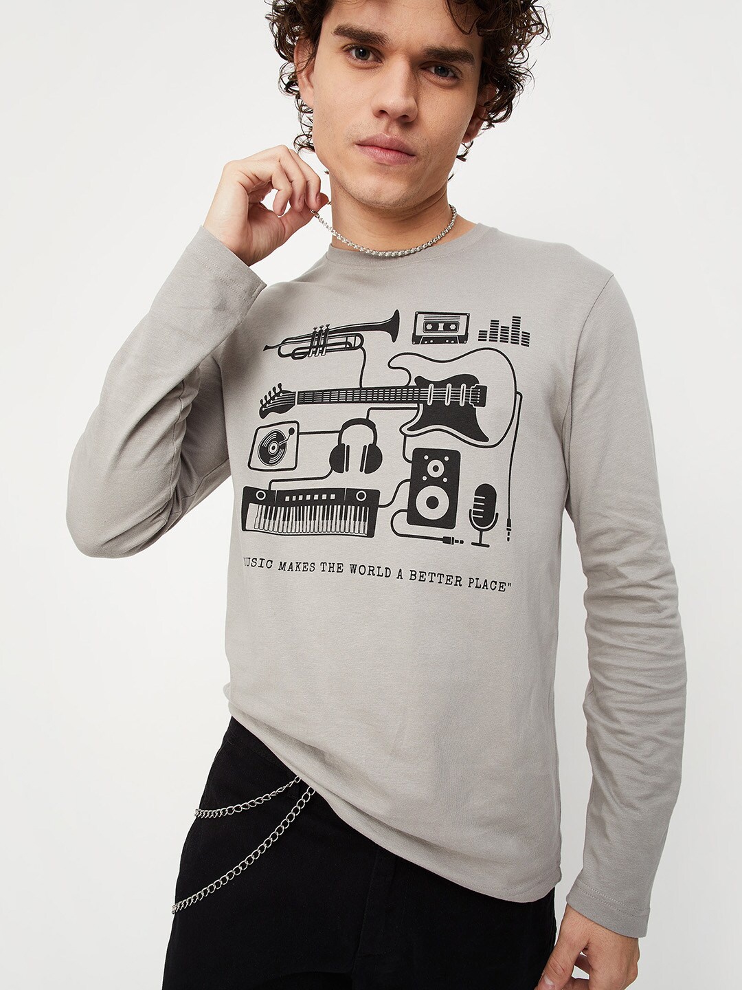 

max Printed Round Neck Pure Cotton T-shirt, Grey