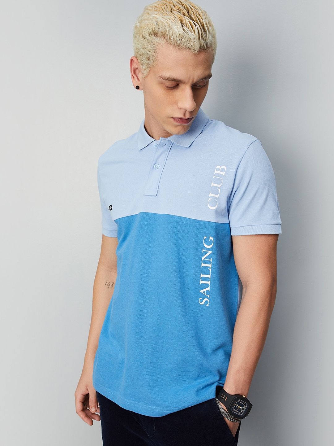 

max Typography Printed Polo Collar Pure Cotton T-shirt, Blue