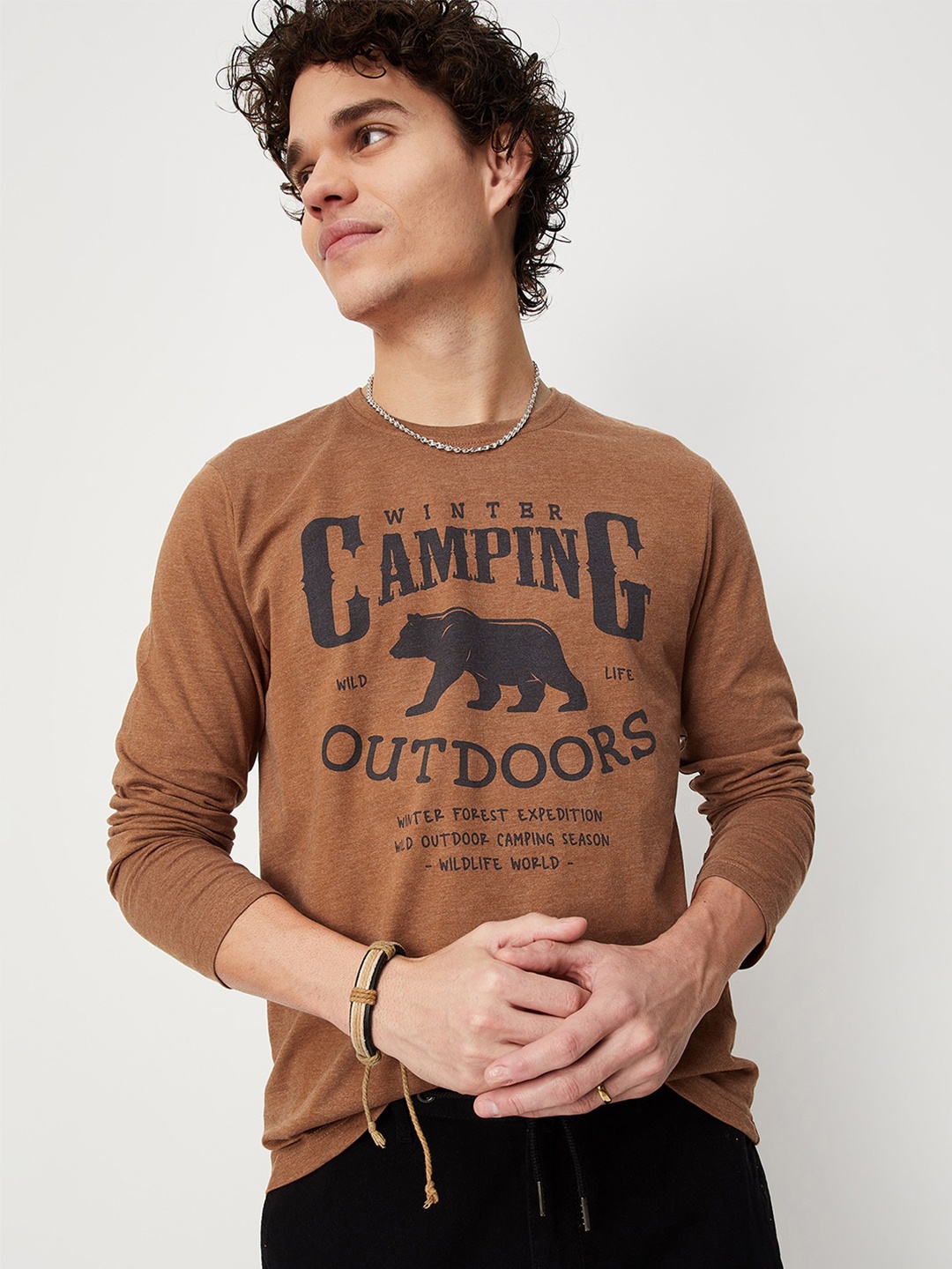 

max Typography Printed Pure Cotton T-shirt, Brown