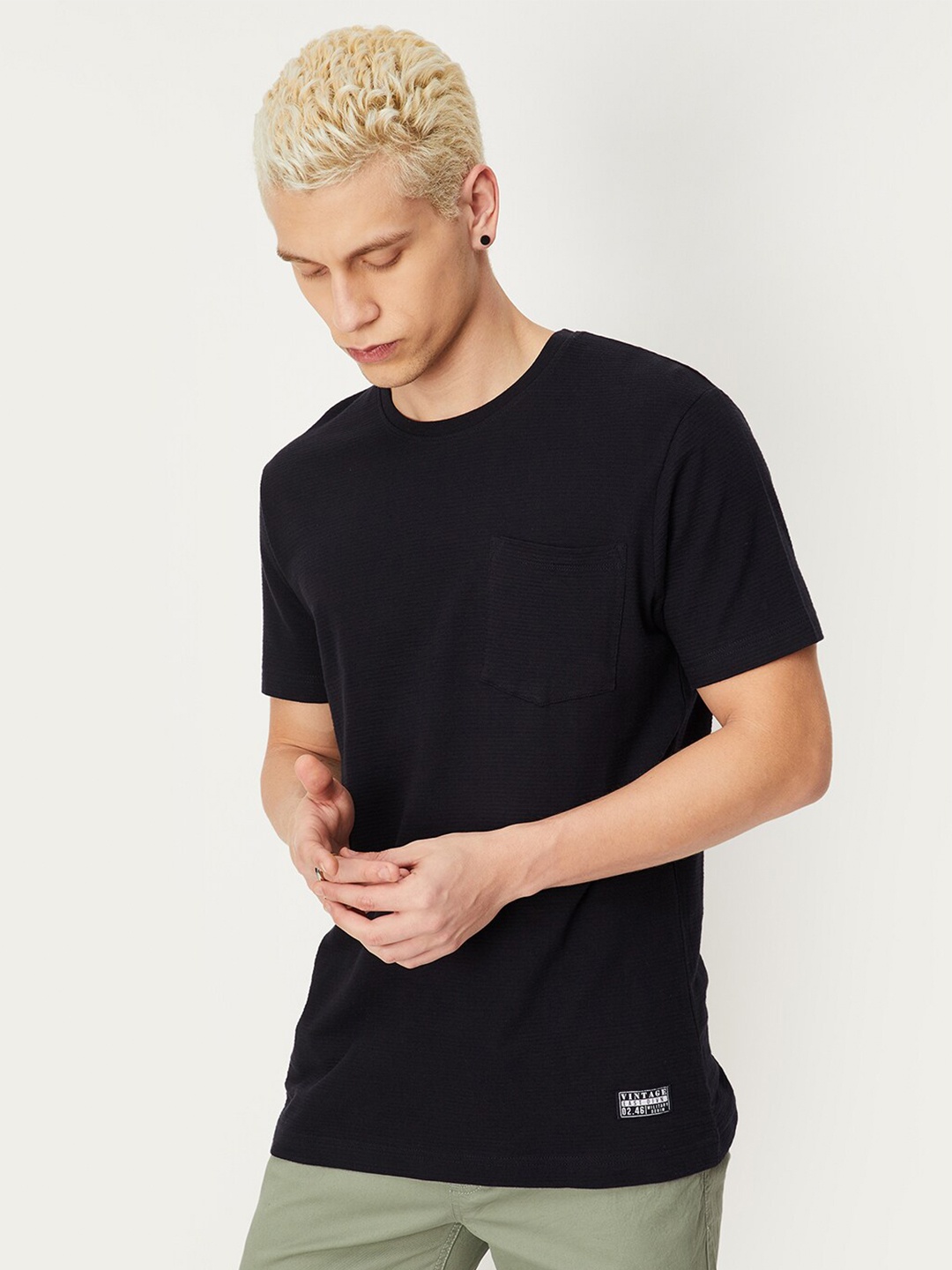 

max Round Neck Pure Cotton T-shirt, Navy blue