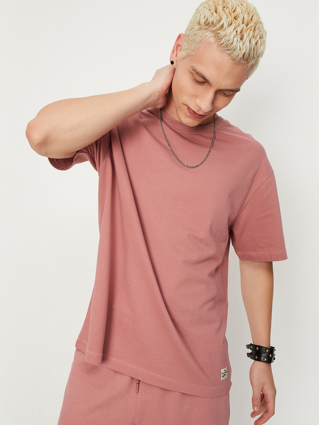 

max Drop-Shoulder Sleeves Round Neck Pure Cotton T-shirt, Pink