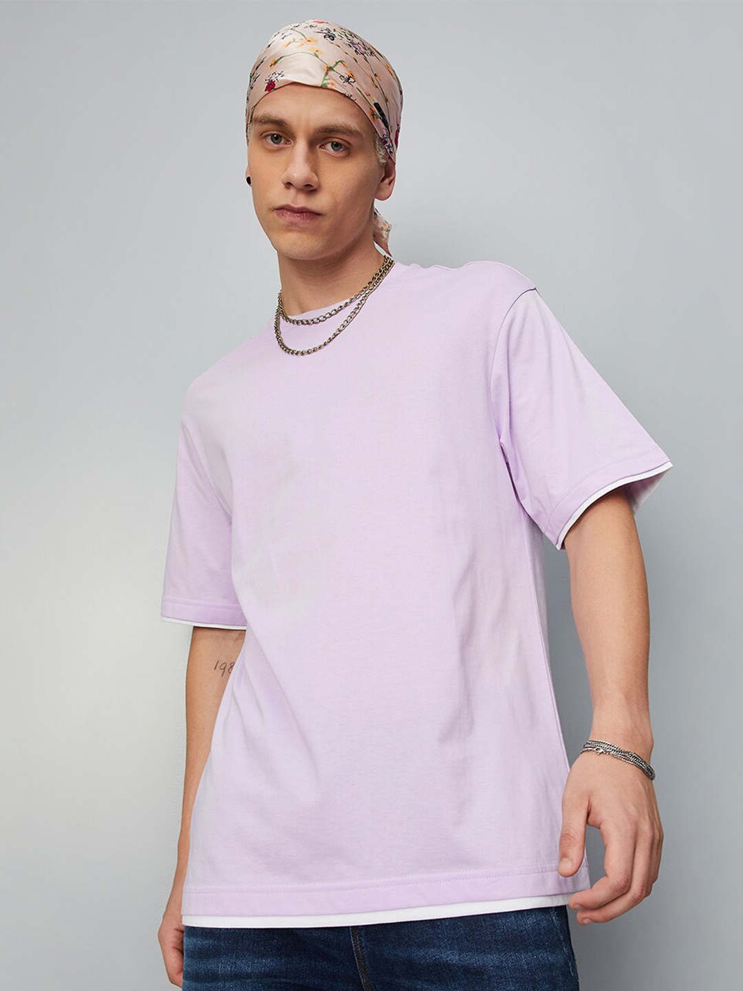 

max Round Neck Drop-Shoulder Sleeves Pure Cotton T-shirt, Purple