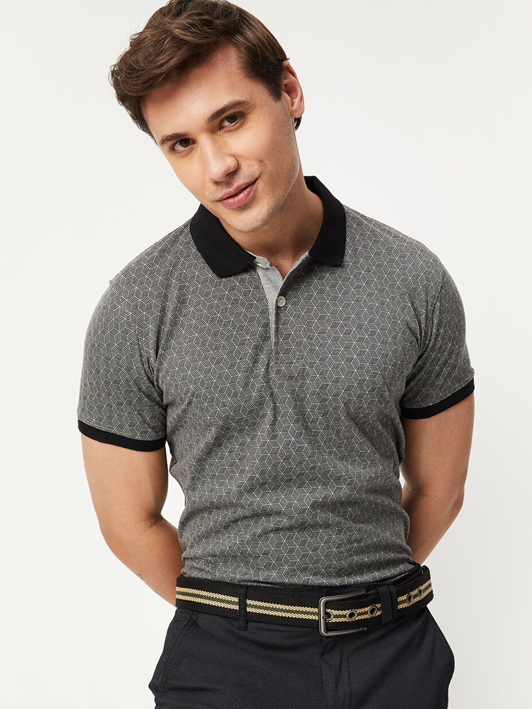 

max Printed Polo Collar T-shirt, Grey