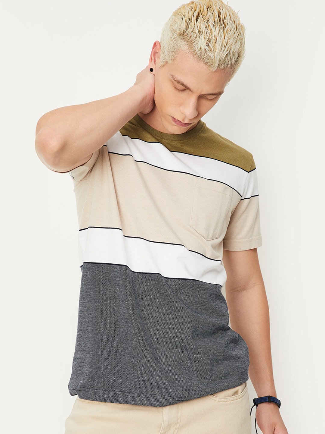 

max Colourblocked Round Neck Short Sleeves T-shirt, Beige