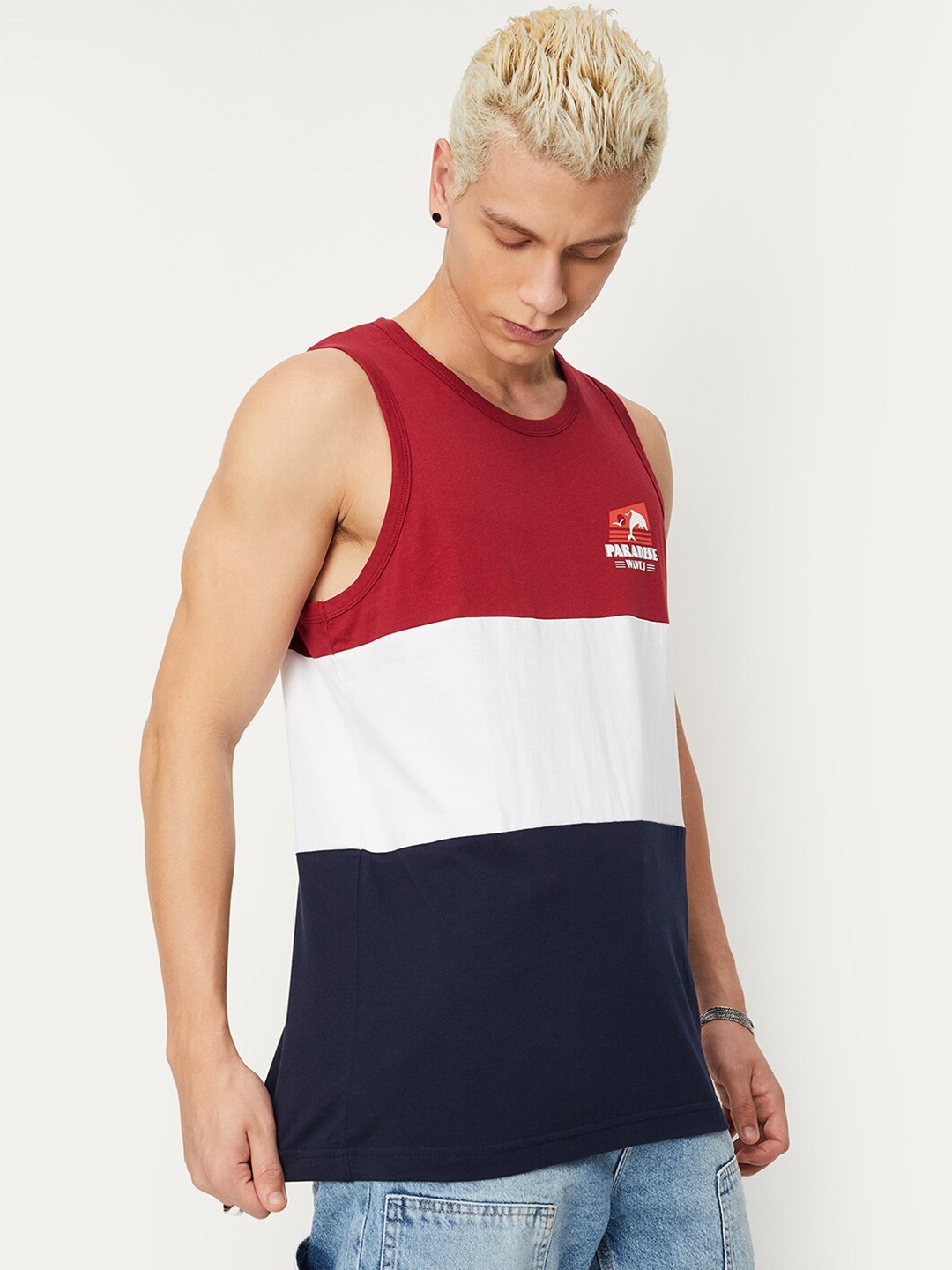 

max Colourblocked Round Neck Pure Cotton T-shirt, Red