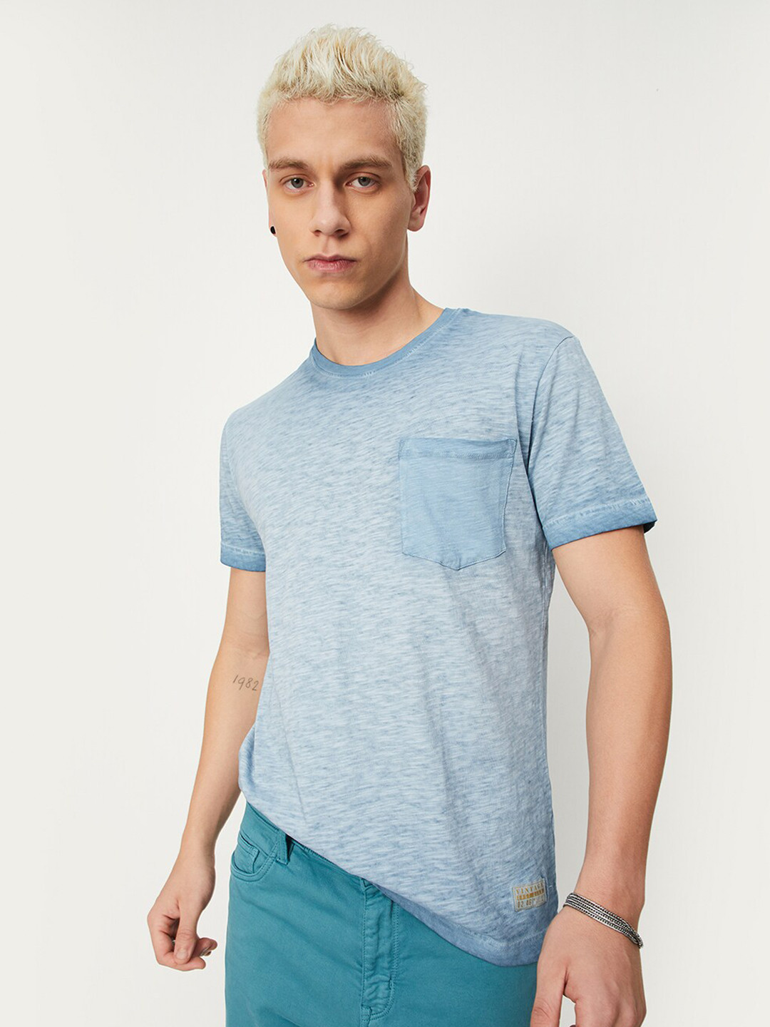 

max Tie And Dye Round Neck Pure Cotton T-shirt, Navy blue
