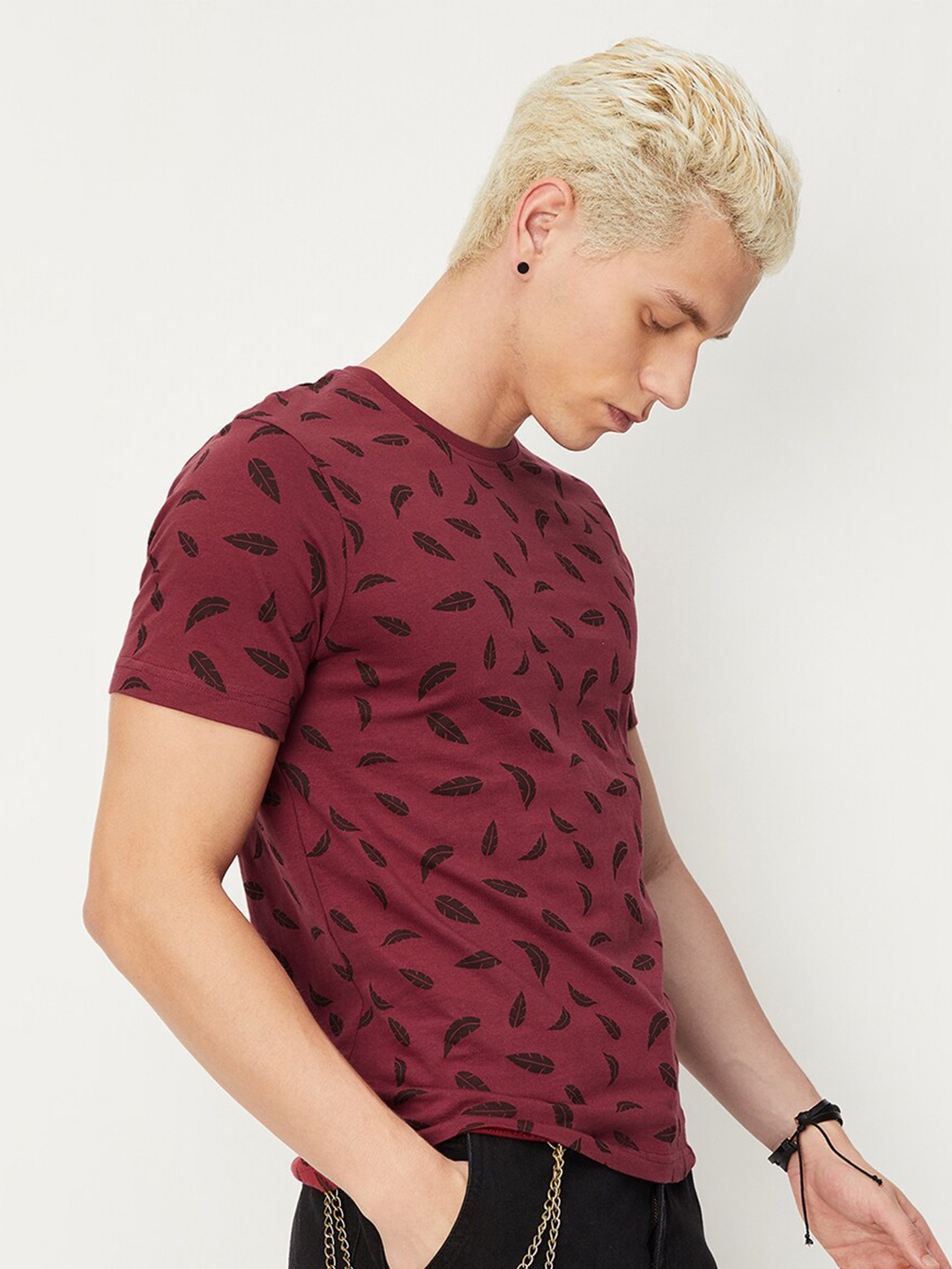 

max Printed Round Neck Pure Cotton T-shirt, Maroon
