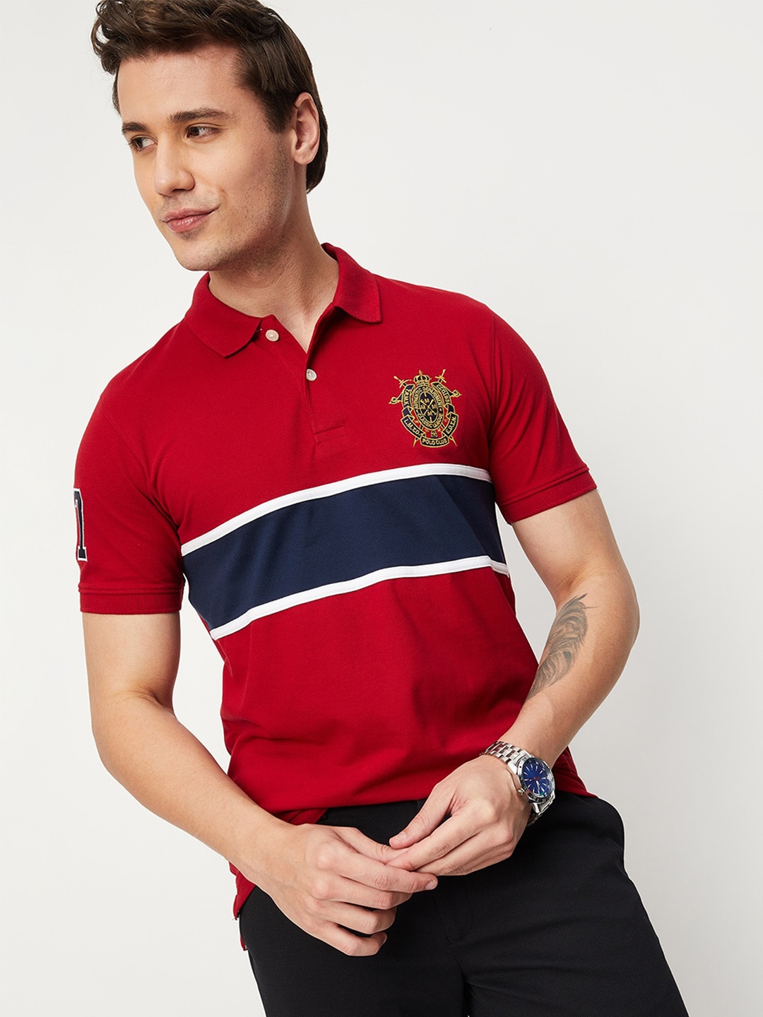 

max Striped Polo Collar T-shirt, Red