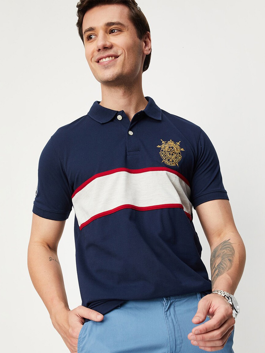 

max Striped Polo Collar T-shirt, Navy blue