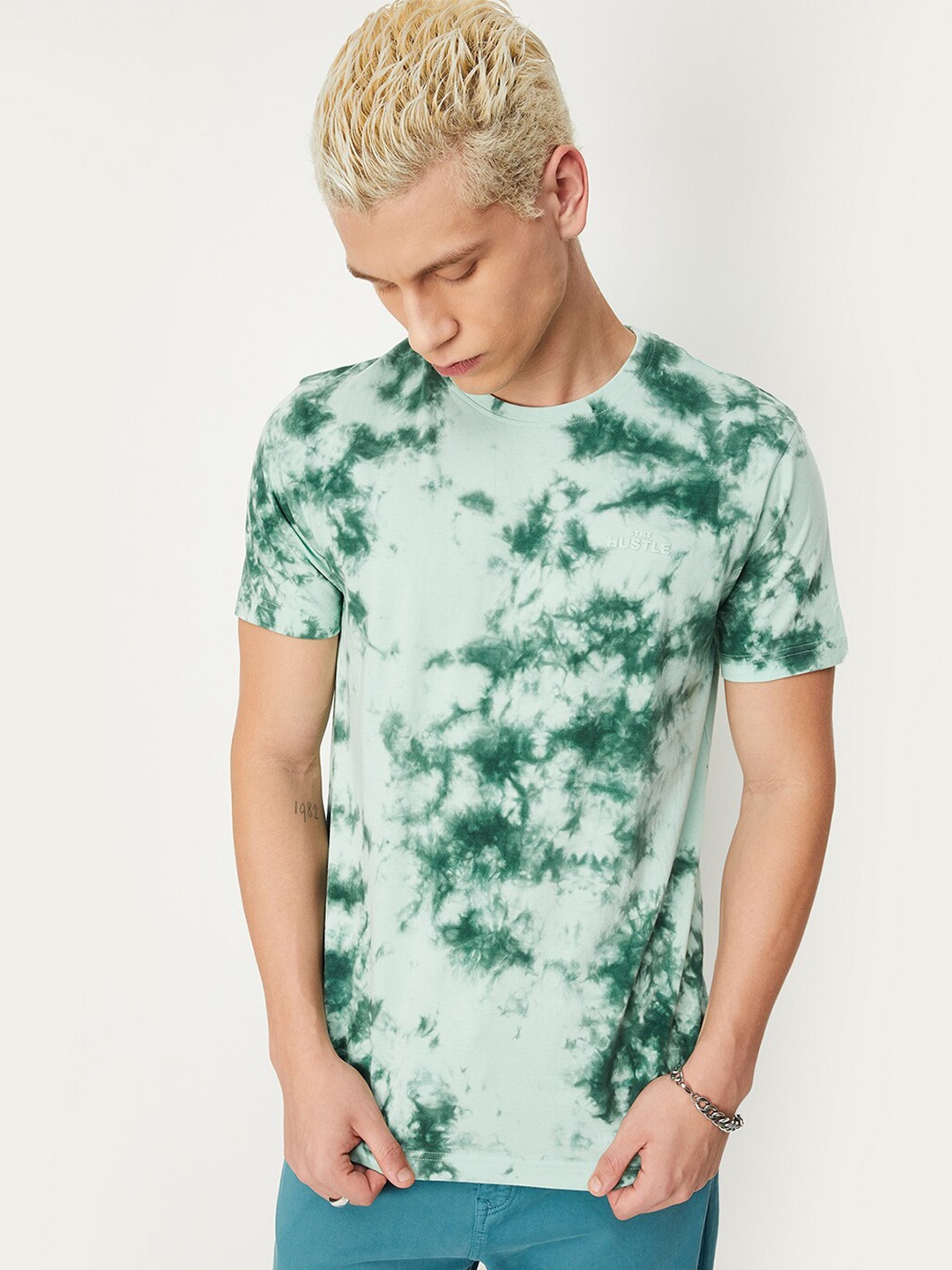 

max Tie And Dye Round Neck Pure Cotton T-shirt, Green