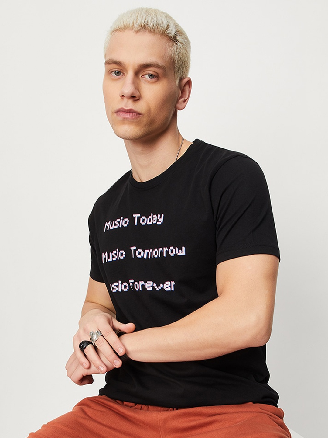 

max Typography Printed Pure Cotton T-shirt, Black