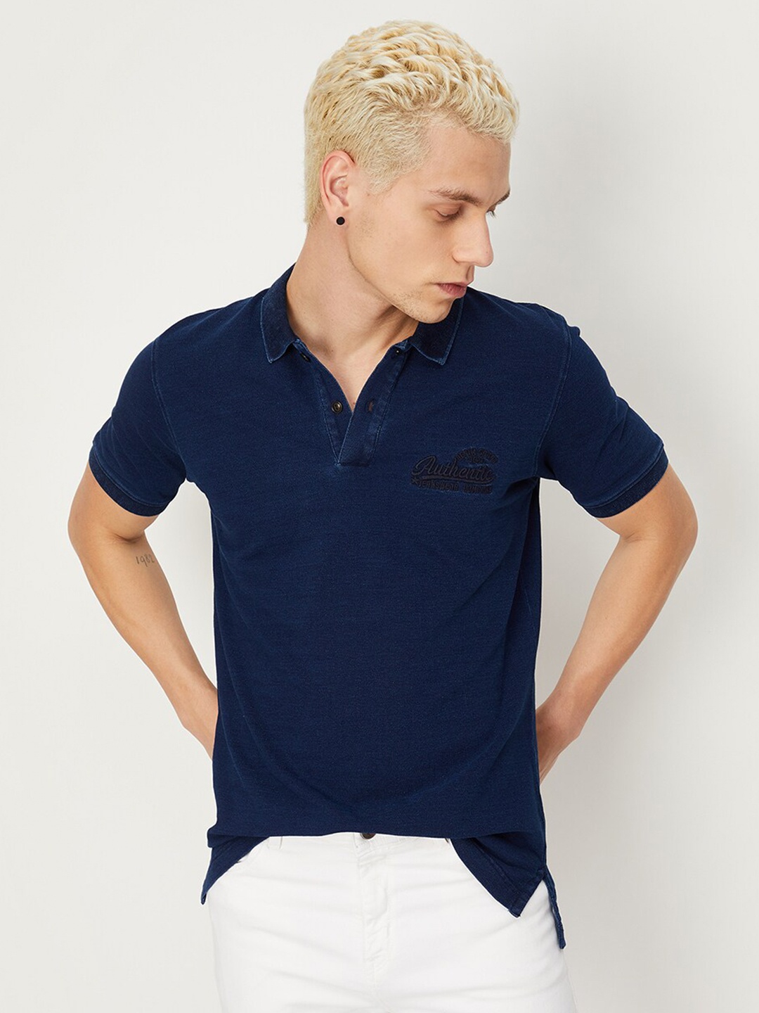 

max Polo Collar Short Sleeves Pure Cotton T-shirt, Navy blue