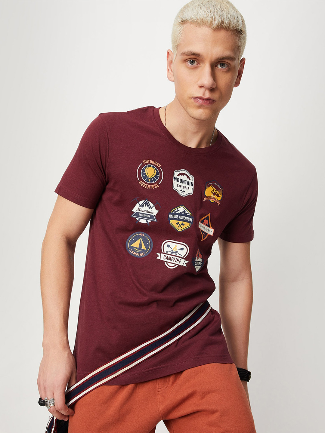 

max Typography Printed Pure Cotton T-shirt, Maroon