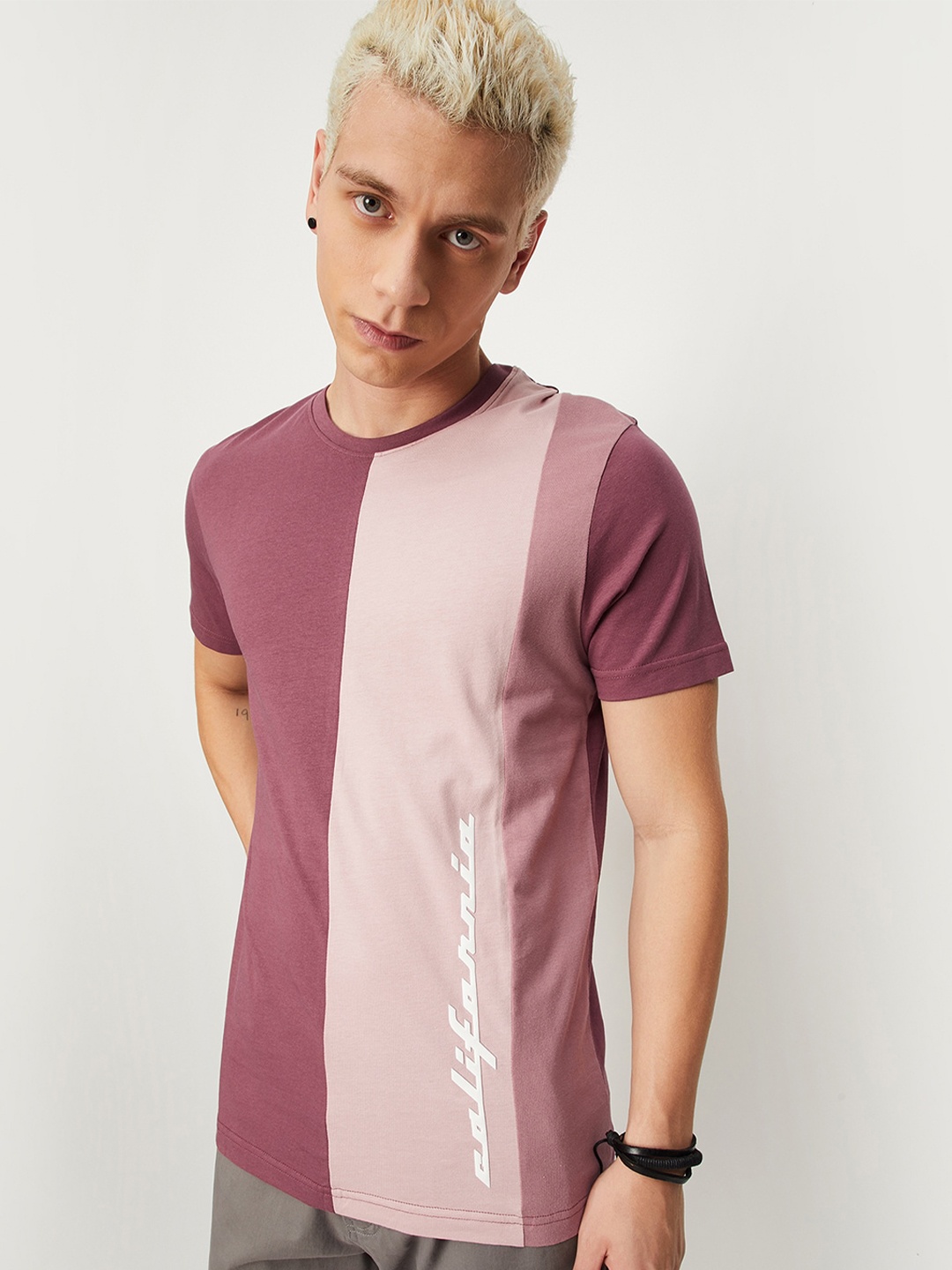 

max Colourblocked Round Neck Pure Cotton T-shirt, Purple