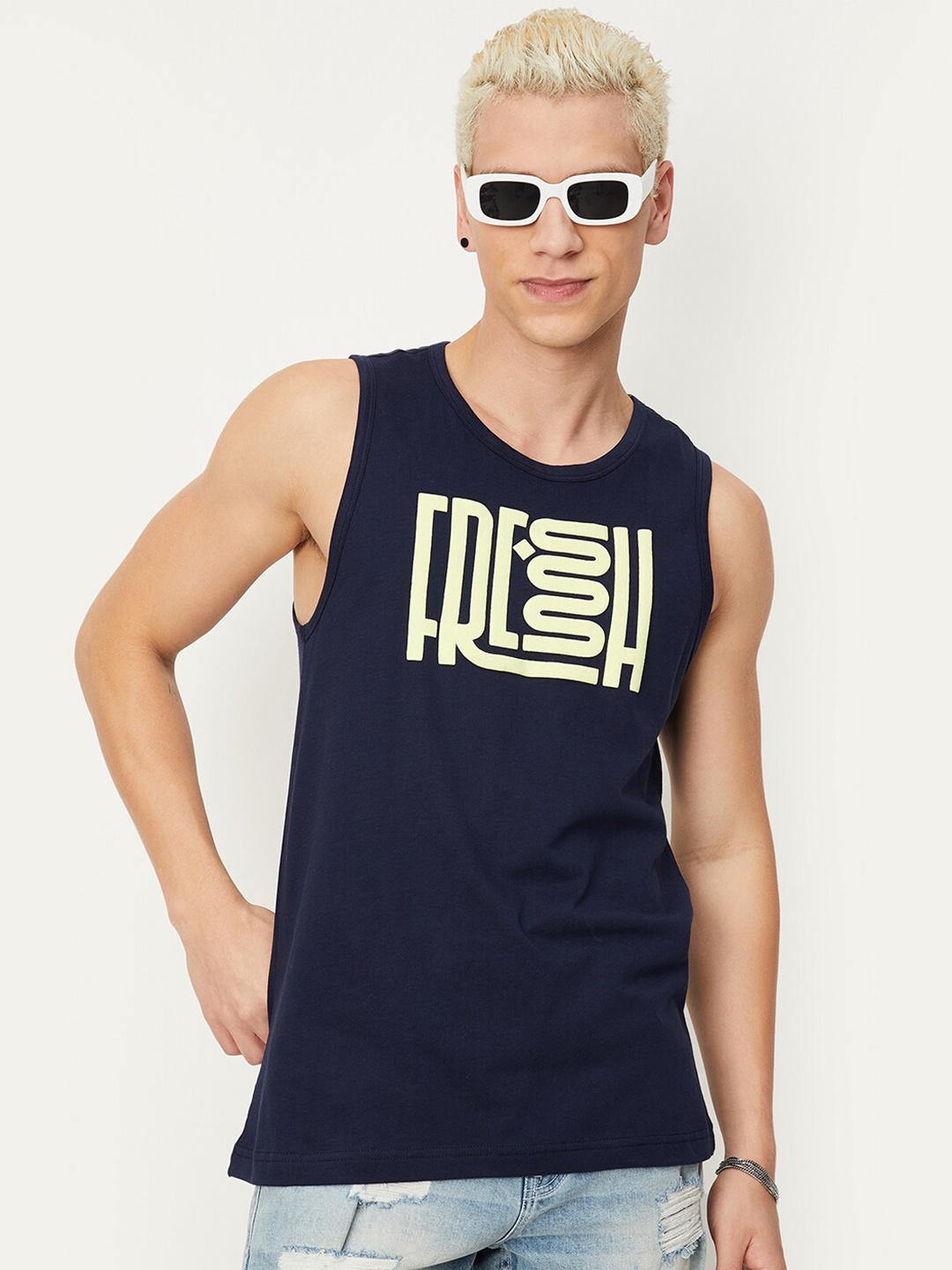 

max Typography Printed Pure Cotton T-shirt, Navy blue