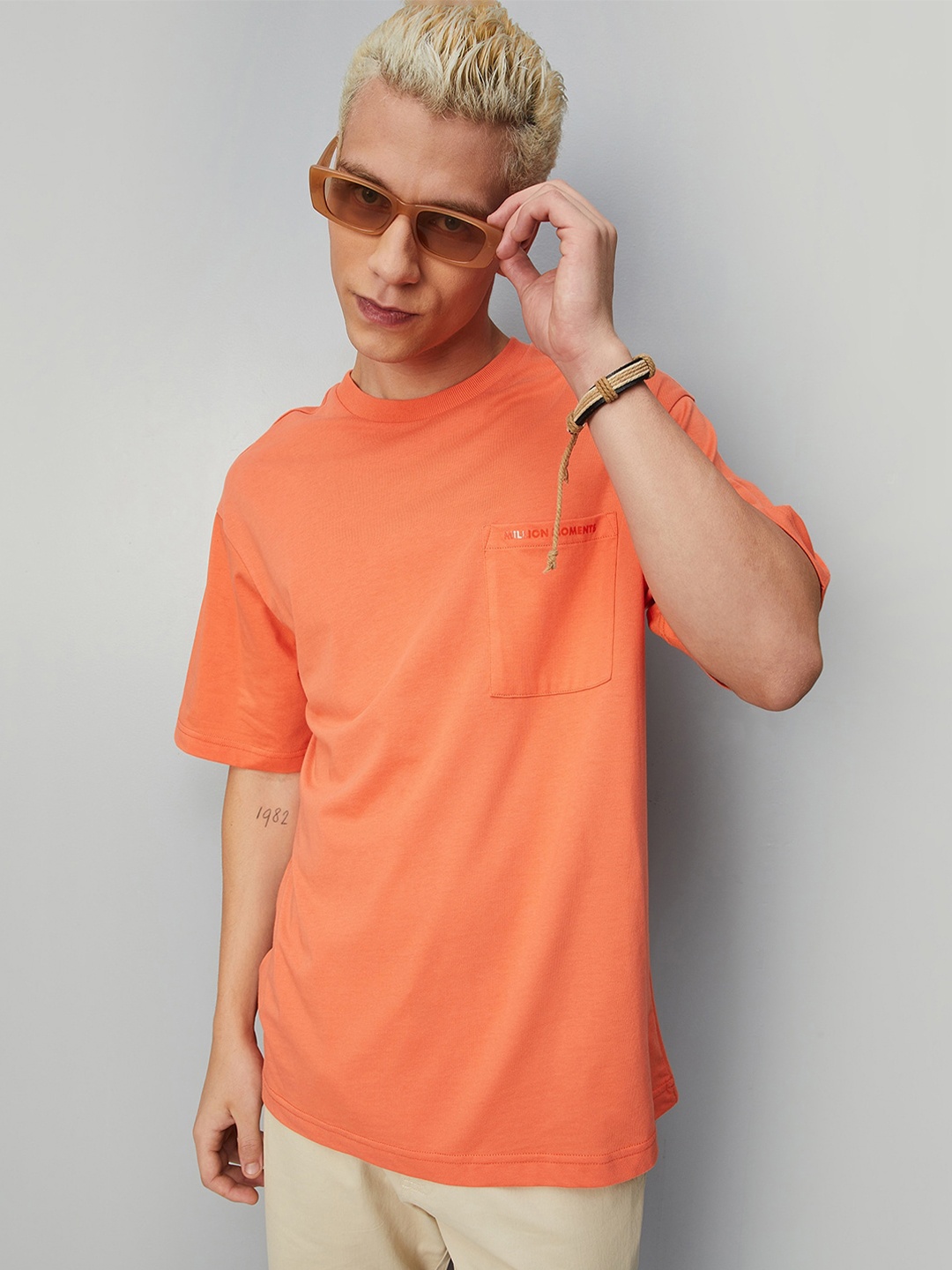 

max Round Neck Drop-Shoulder Sleeves Pure Cotton Oversize T-shirt, Orange