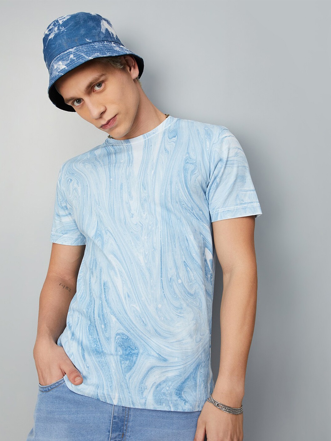 

max Printed Round Neck Pure Cotton T-shirt, Blue
