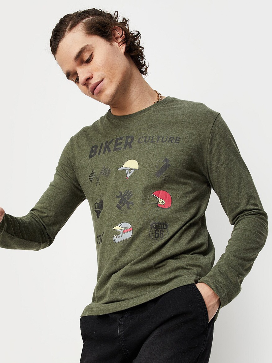 

max Typography Printed Pure Cotton T-shirt, Olive