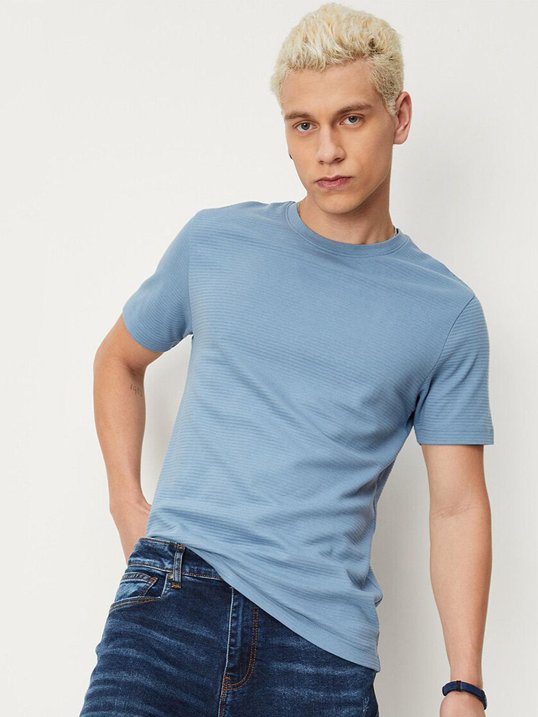 

max Round Neck Pure Cotton T-shirt, Blue
