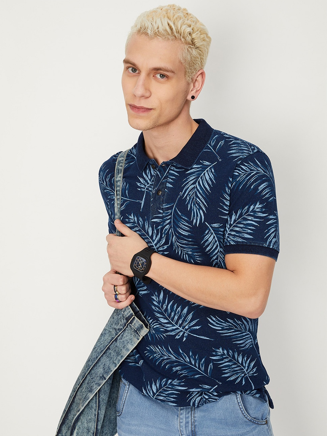 

max Tropical Printed Pure Cotton T-shirt, Navy blue