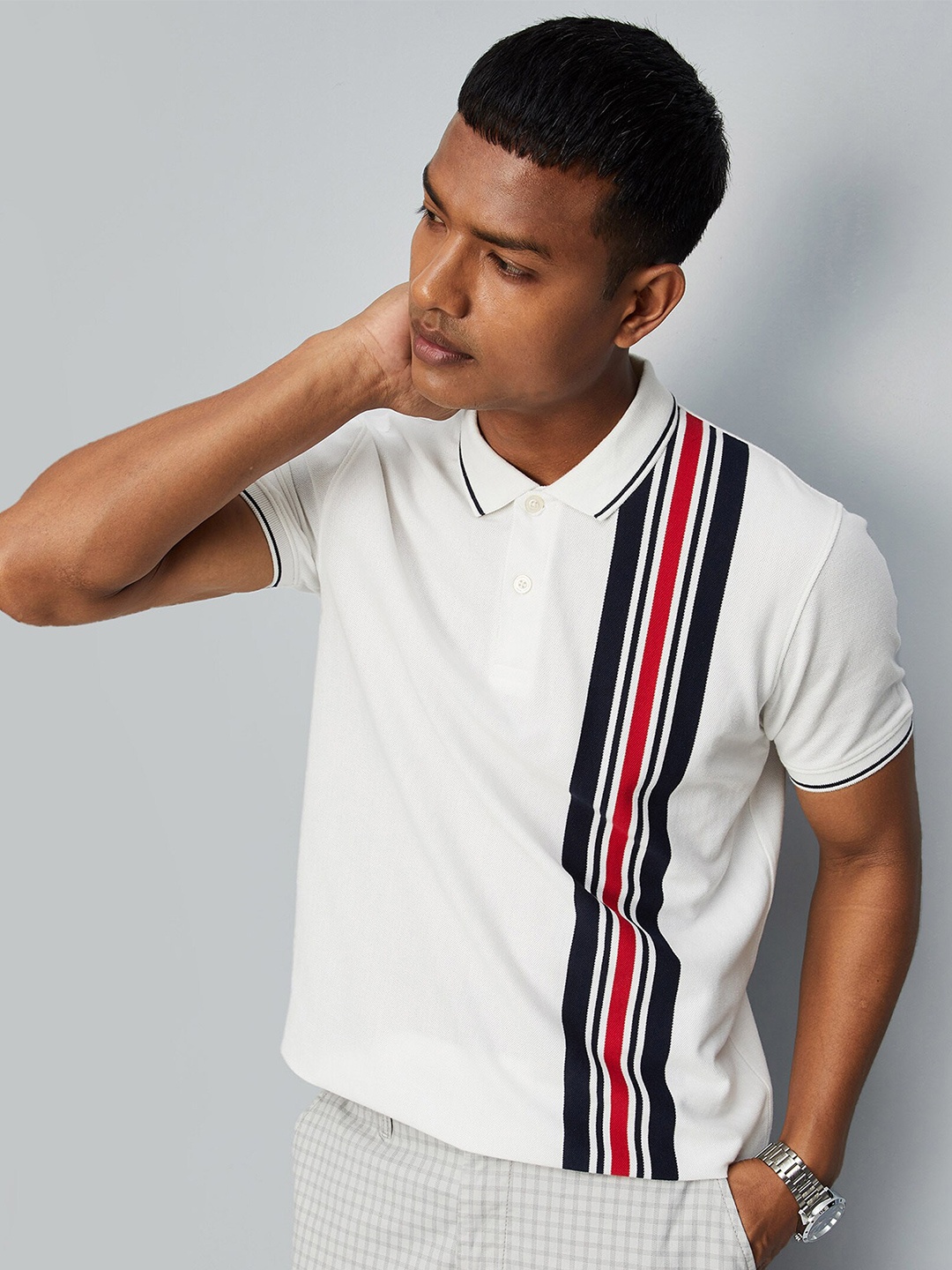 

max Striped Polo Collar T-shirt, White