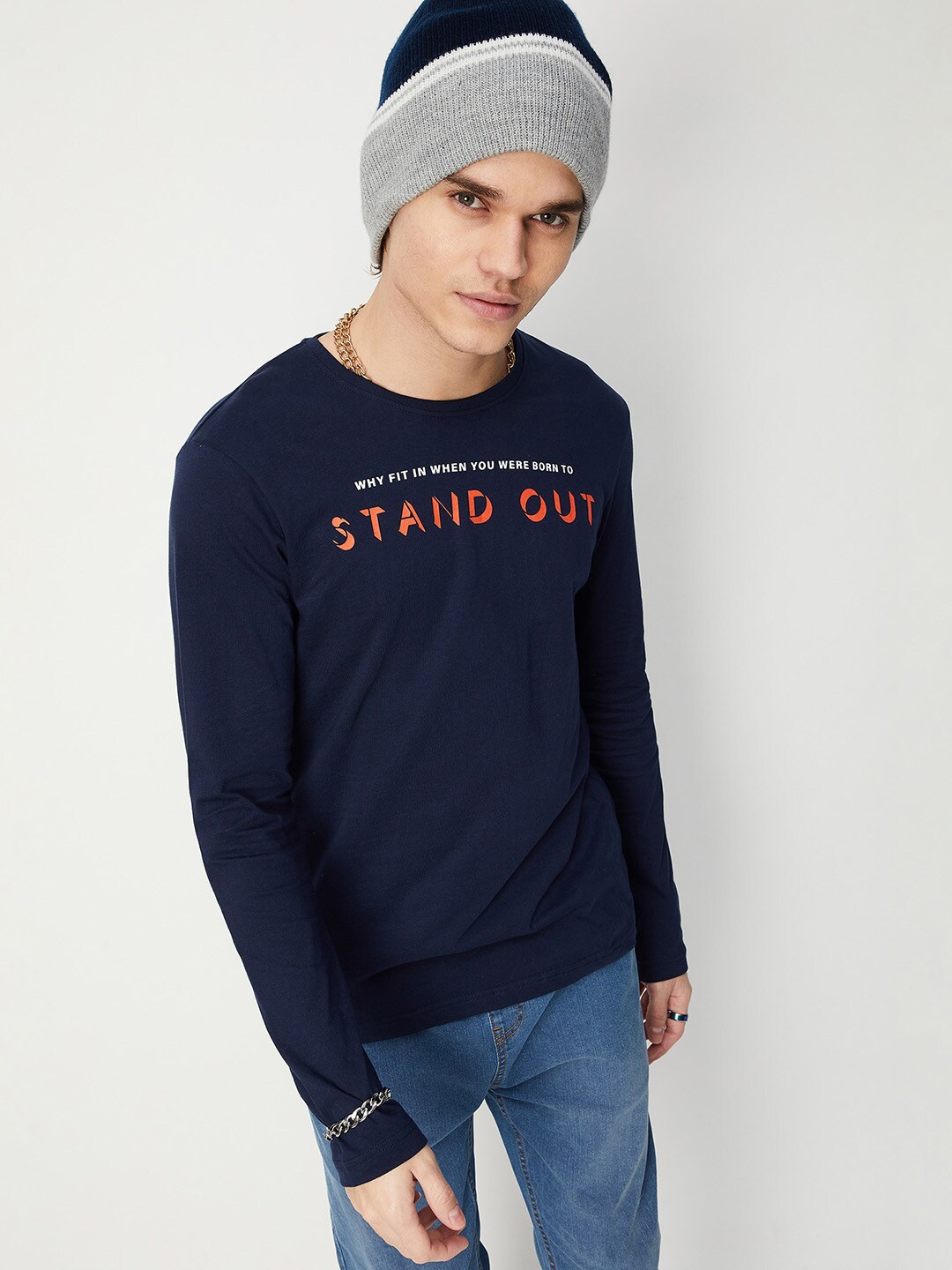

max Typography Printed Pure Cotton T-shirt, Navy blue