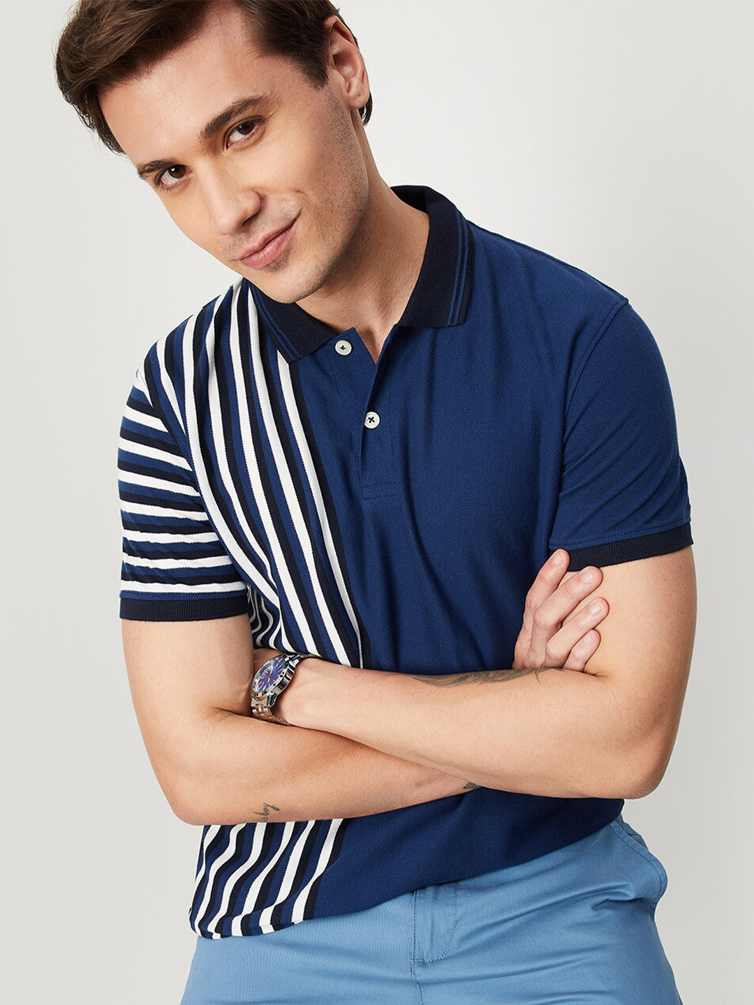 

max Striped Polo Collar T-shirt, Navy blue
