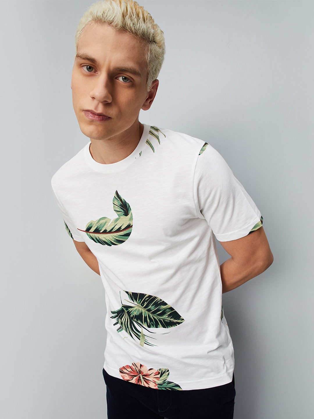 

max Tropical Printed Pure Cotton T-shirt, White