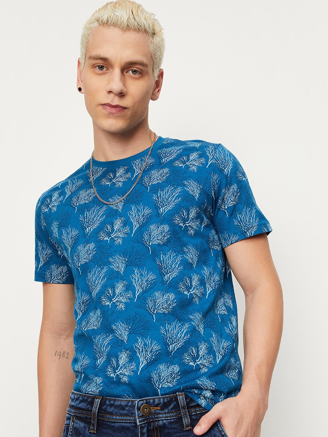 

max Floral Printed Pure Cotton T-shirt, Blue
