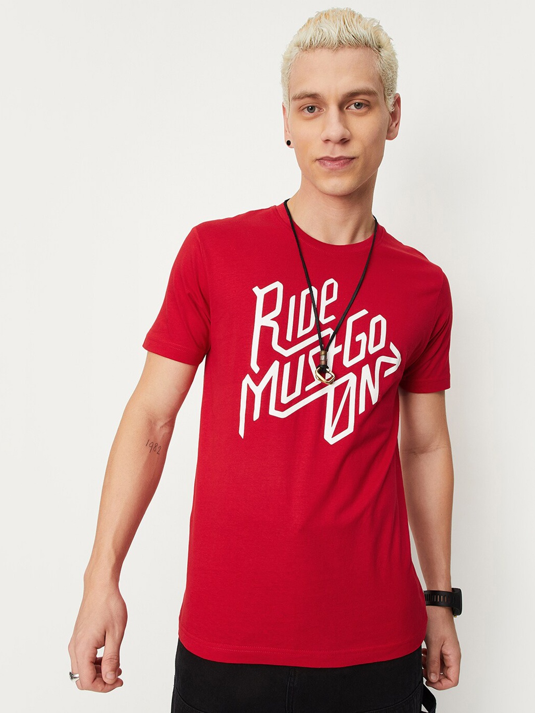 

max Typography Printed Pure Cotton T-shirt, Red