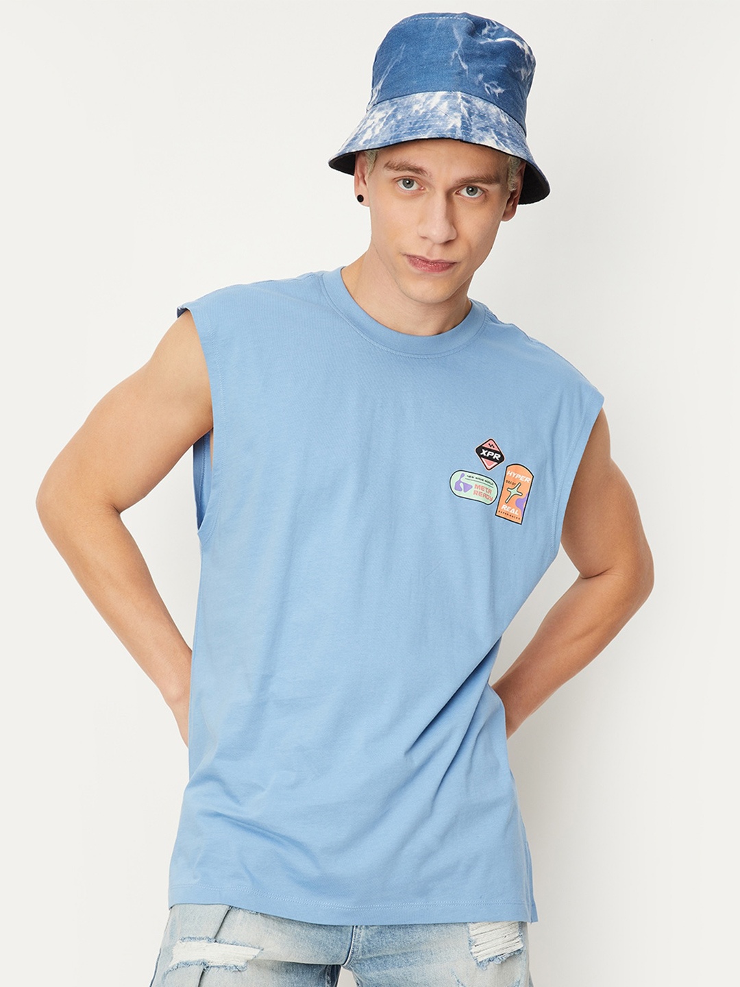 max Round Neck Sleeveless Pure Cotton T-shirt, Blue
