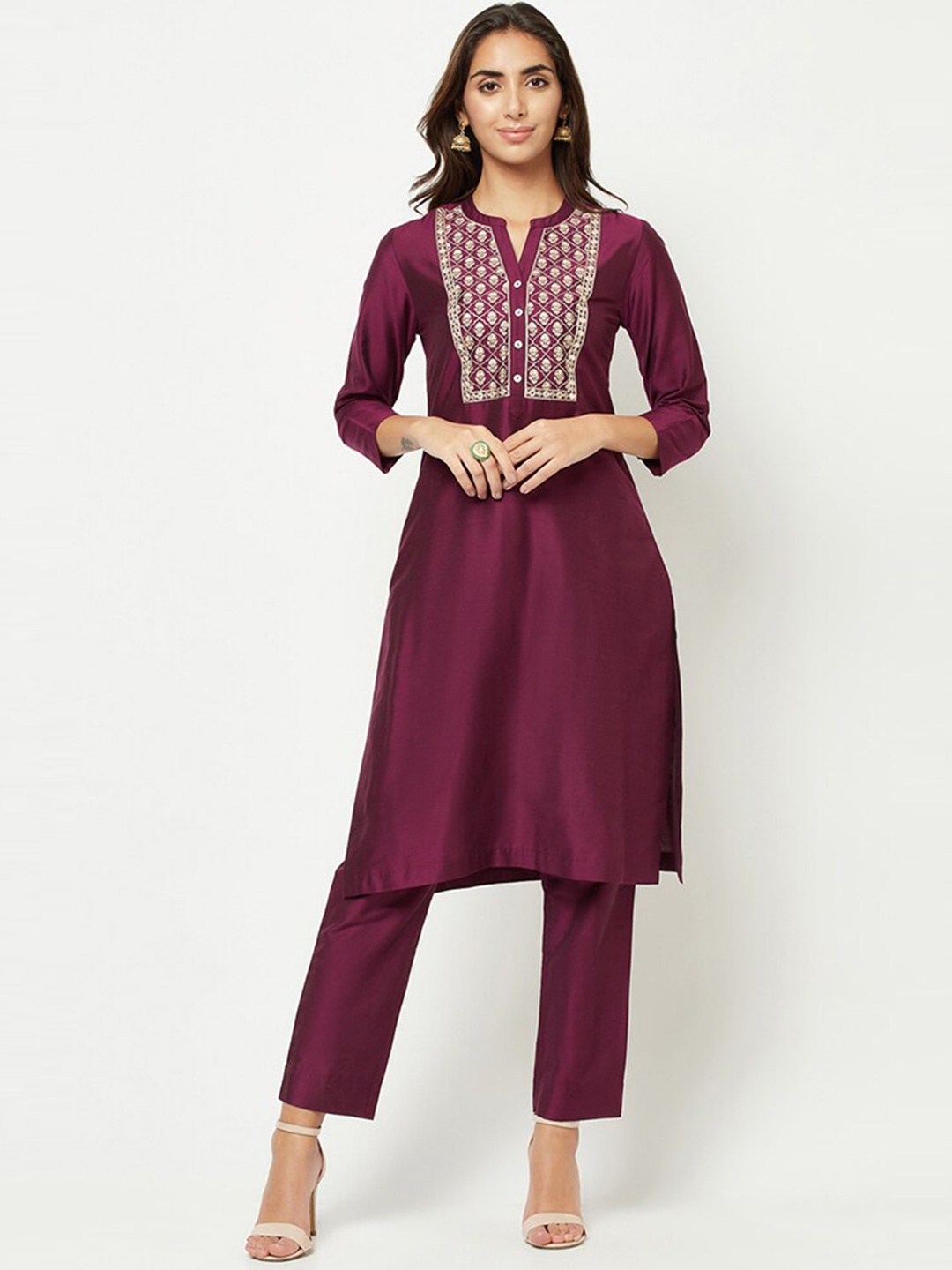 

BARARA ETHNIC Ethnic Motifs Embroidered Mirror Work Kurta with Trousers, Purple