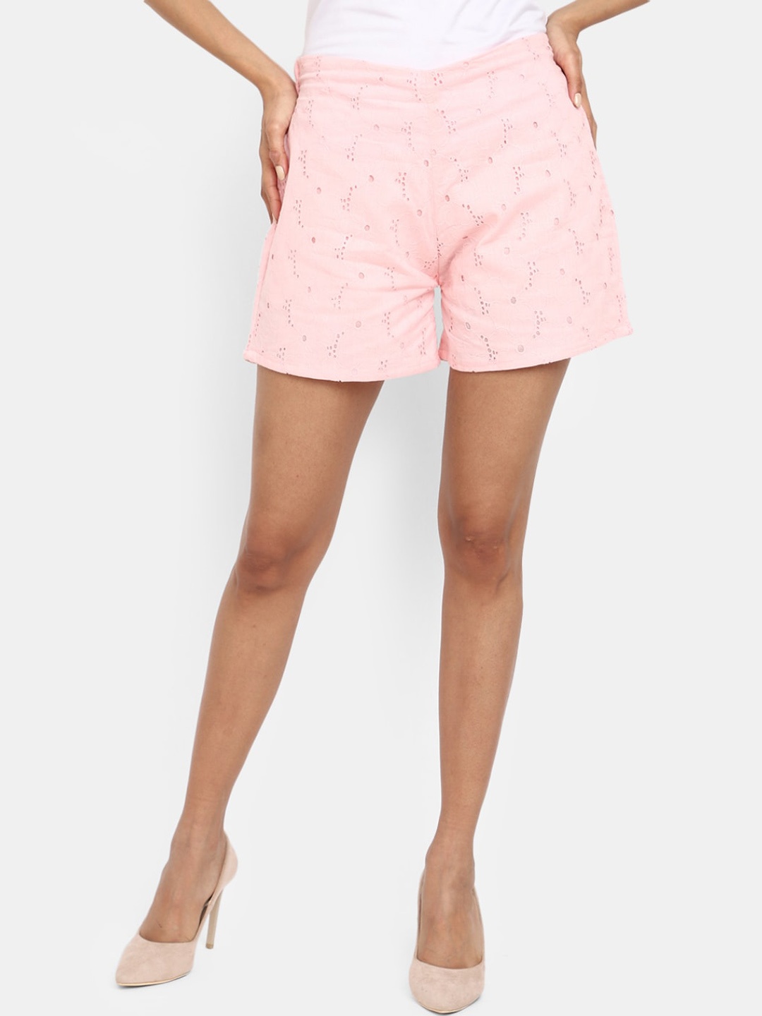 V-Mart Women Mid-Rise Self Design Schiffli Cotton Shorts, Pink