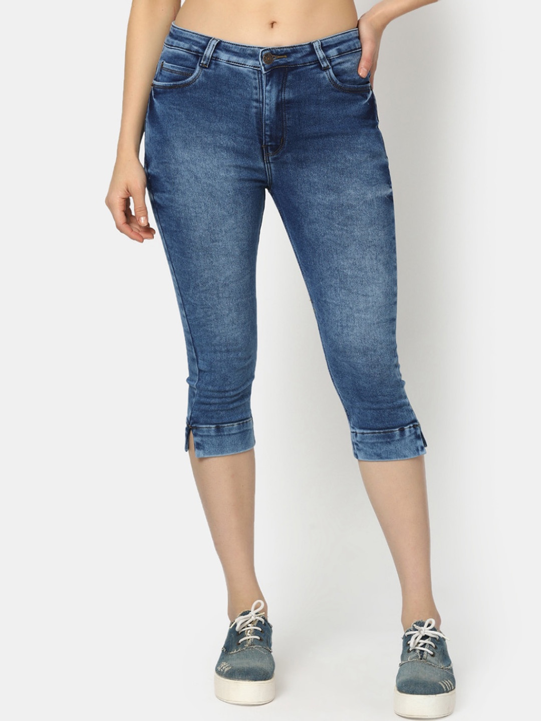 V-Mart Women Washed Cotton Denim Capris, Blue
