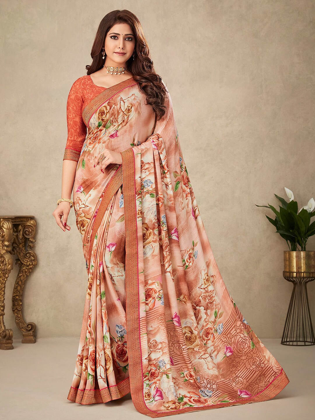 

Kasak Floral Printed Silk Blend Saree, Orange