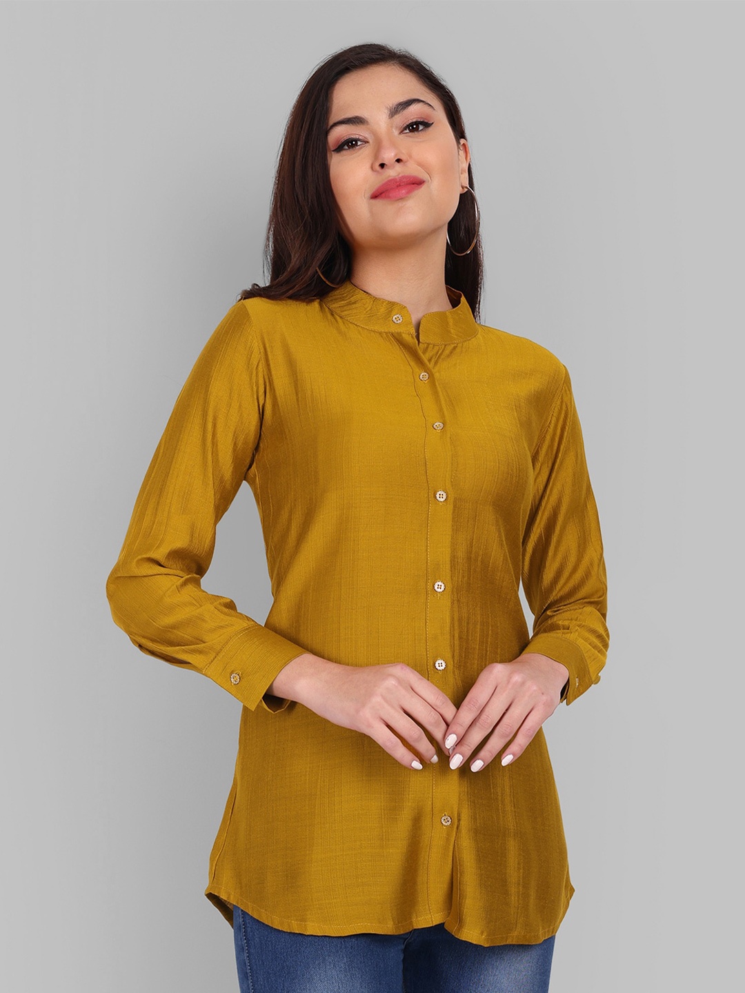 

Pakiza Women Mandarin Collar Slim Fit Casual Shirt, Mustard