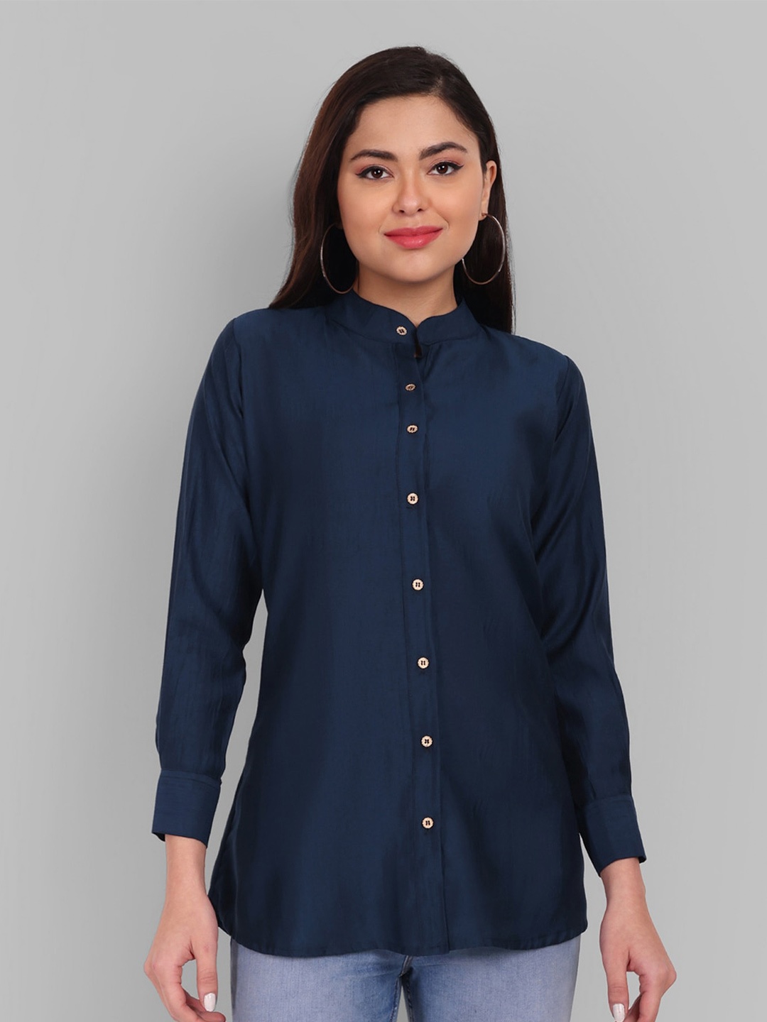

Pakiza Women Mandarin Collar Slim Fit Casual Shirt, Blue