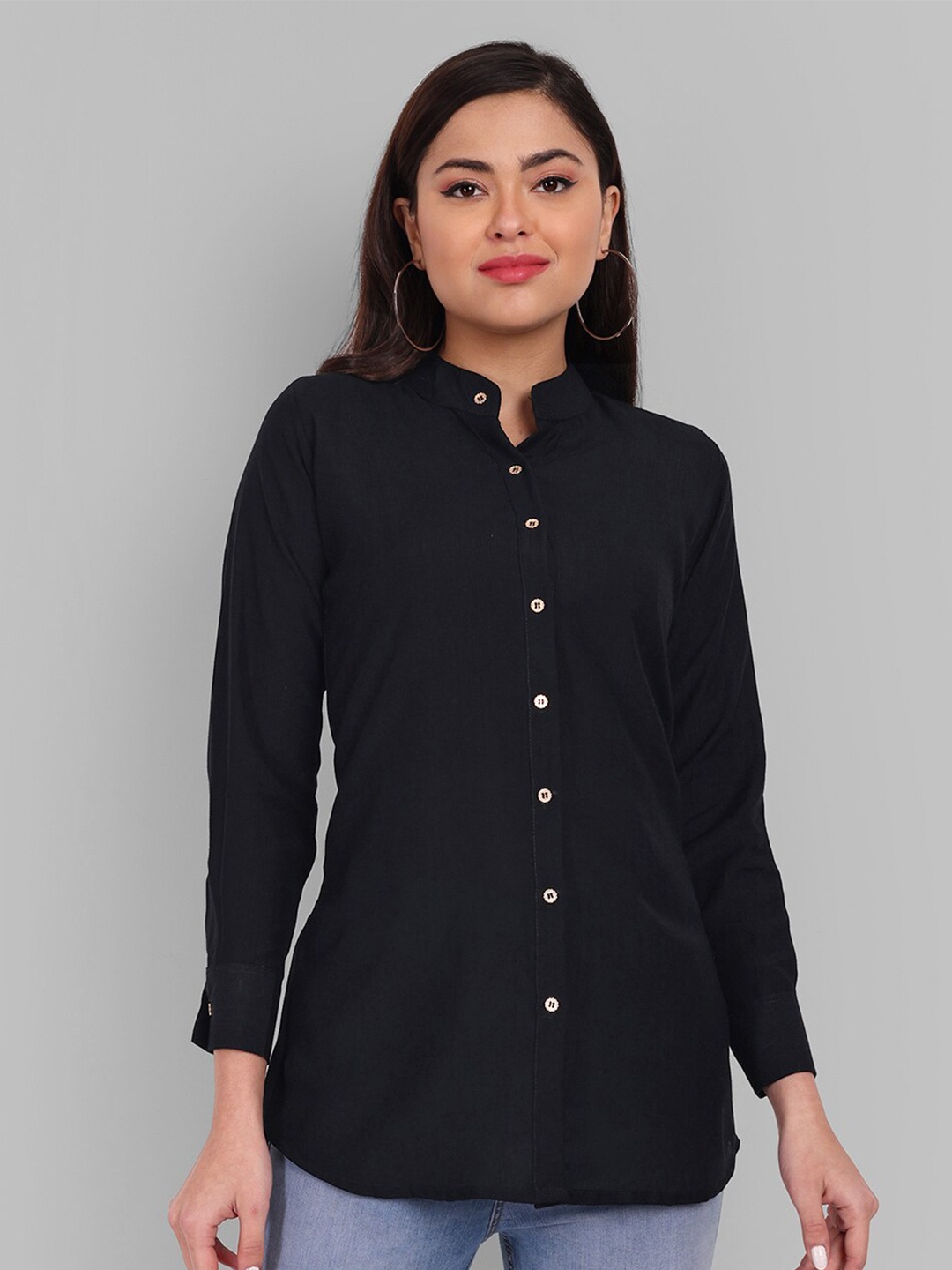

Pakiza Women Mandarin Collar Slim Fit Casual Shirt, Black