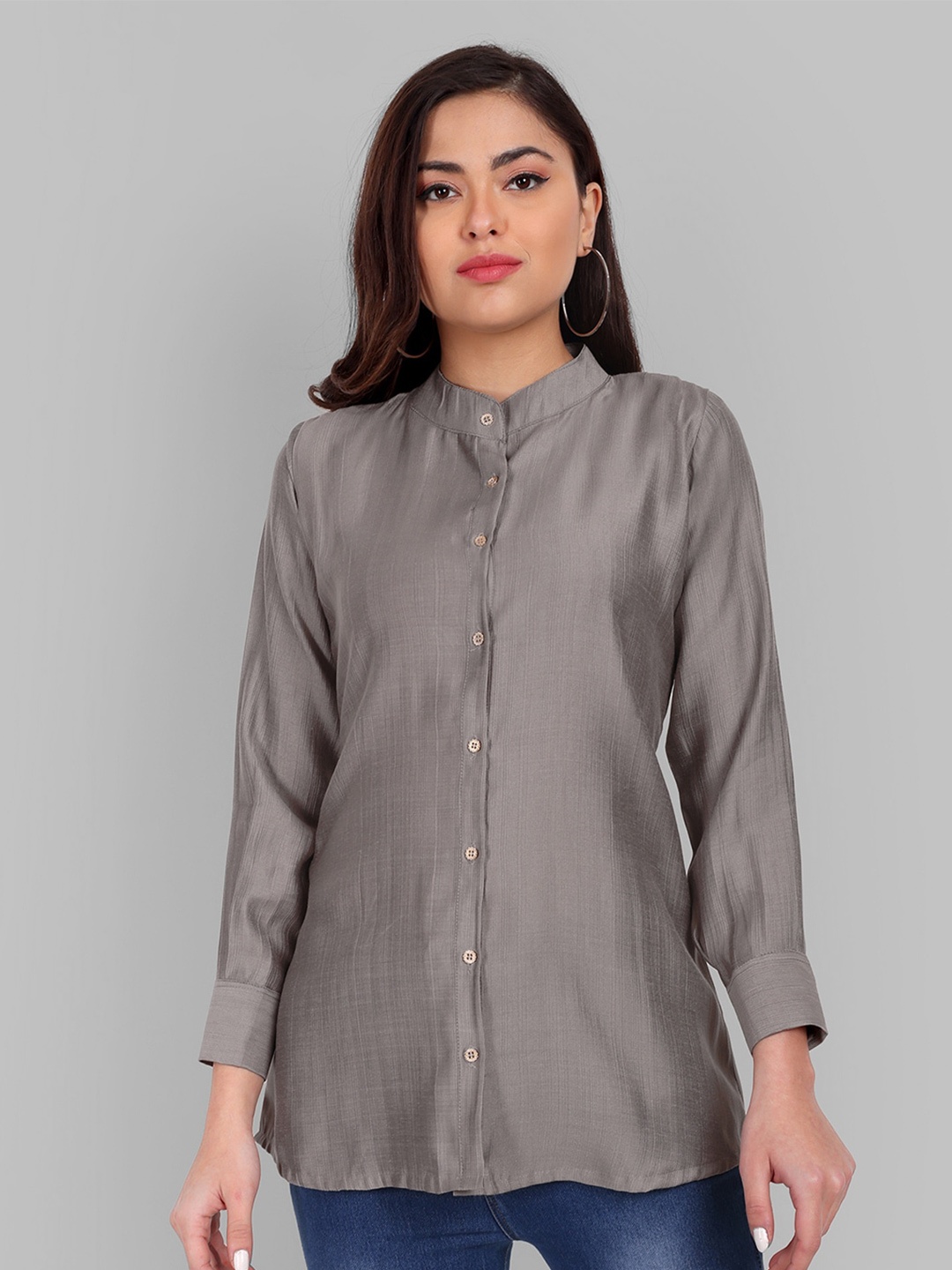 

Pakiza Women Mandarin Collar Slim Fit Casual Shirt, Grey