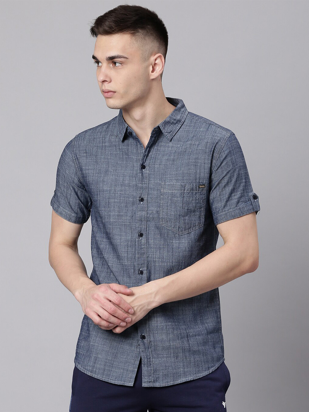 

High Star Spread Collar Slim Fit Denim Cotton Casual Shirt, Blue