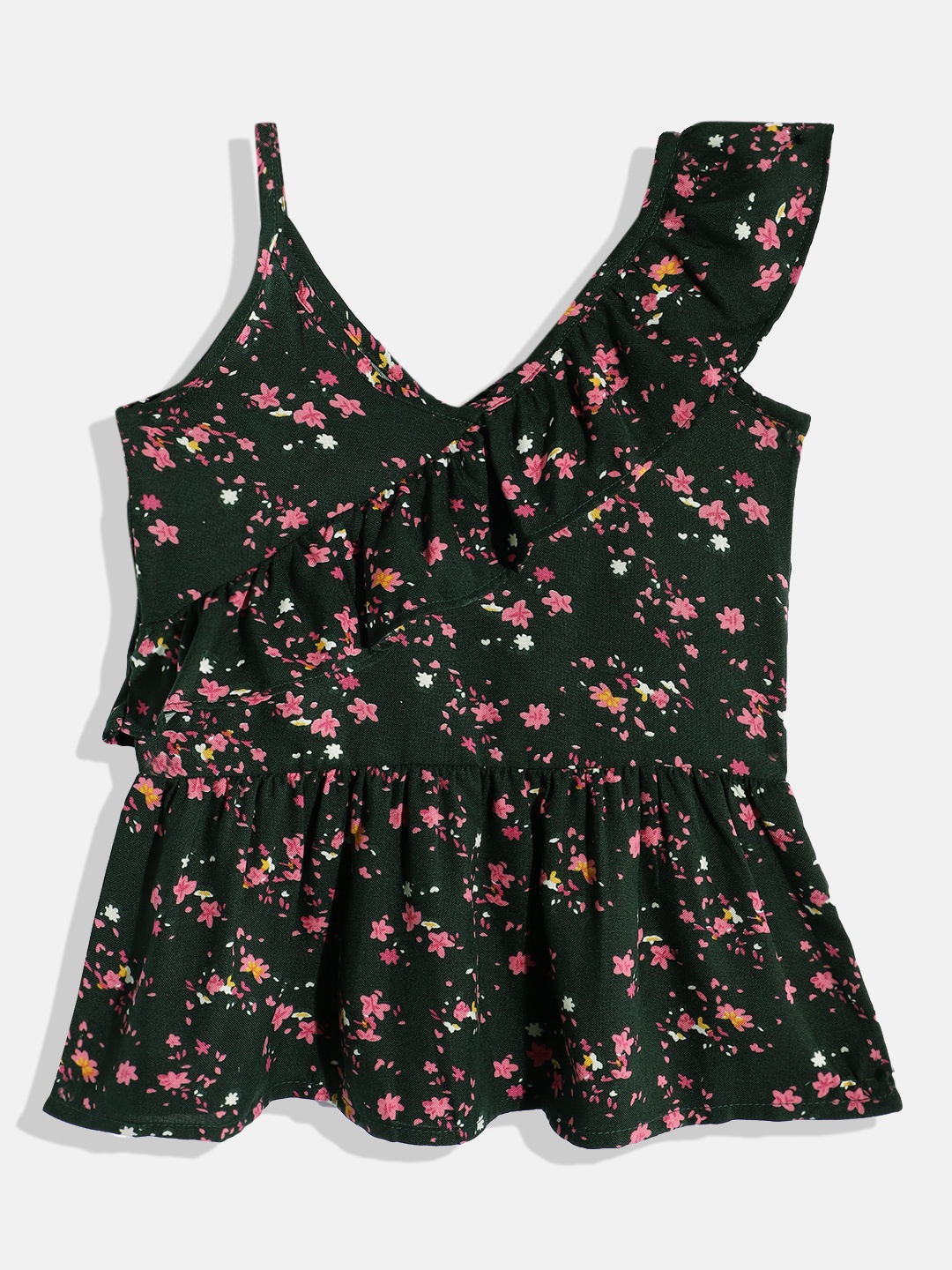 

HERE&NOW Floral Print Ruffled Peplum Top, Green