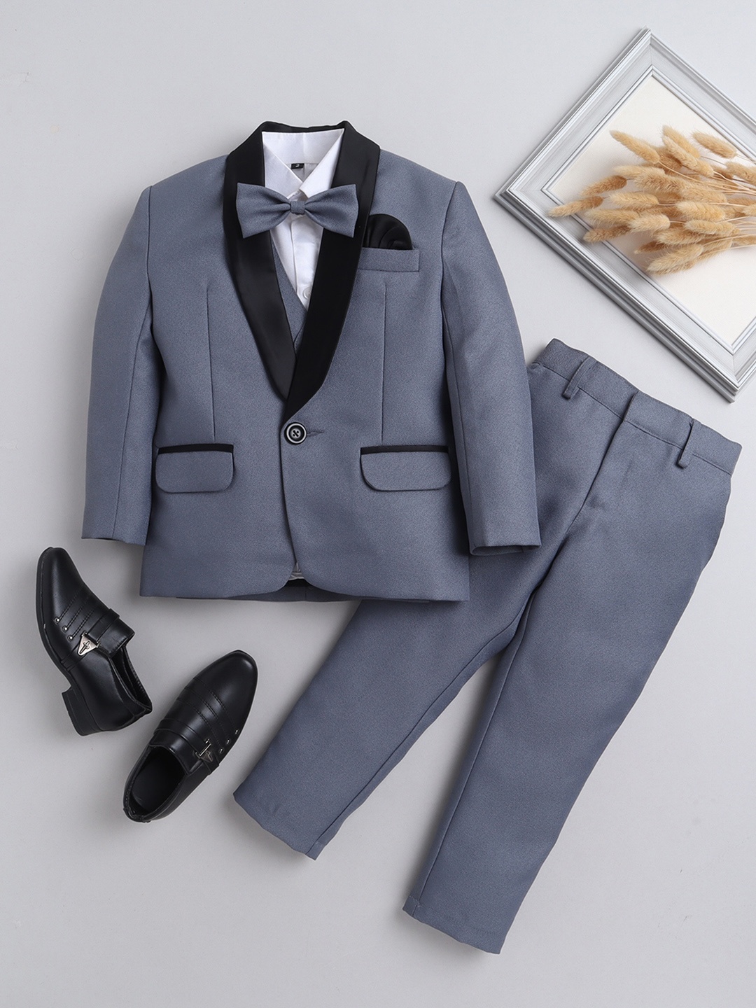 

Jeetethnics Boys Silk Cotton Single Braested 5-Piece Suits, Grey