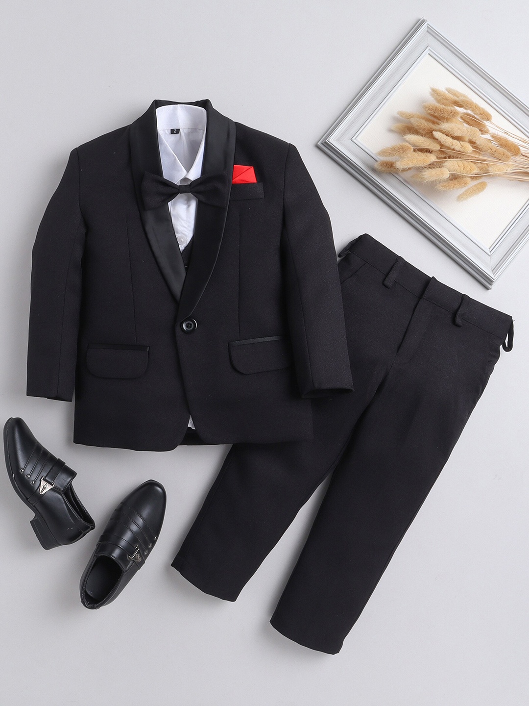 

Jeetethnics Boys Single-Breasted Tuxedo 5-Pieces Suit, Black