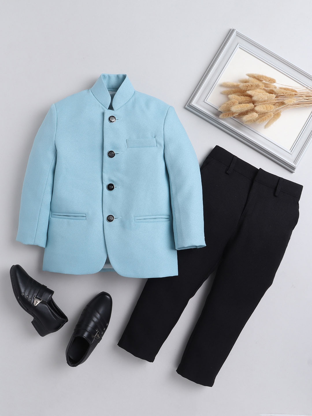 

Jeetethnics Boys Self Design Bandhgala 2-Pieces Suit, Blue