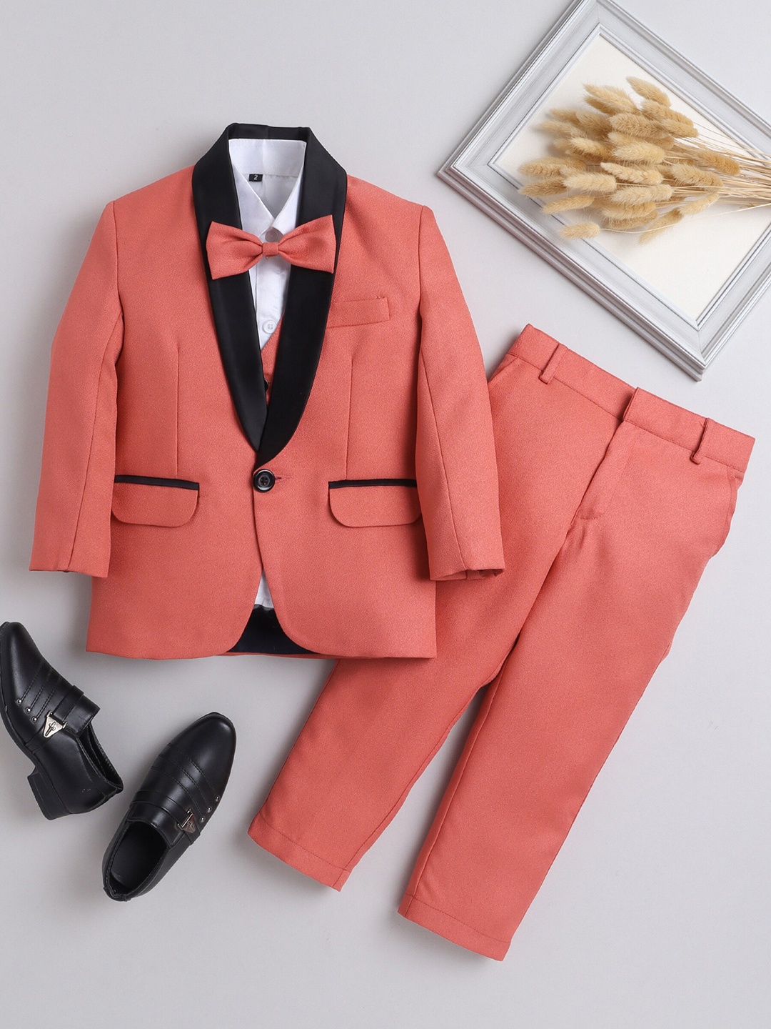 

Jeetethnics Boys 4-Piece Single-Breasted Partywear Suit, Orange