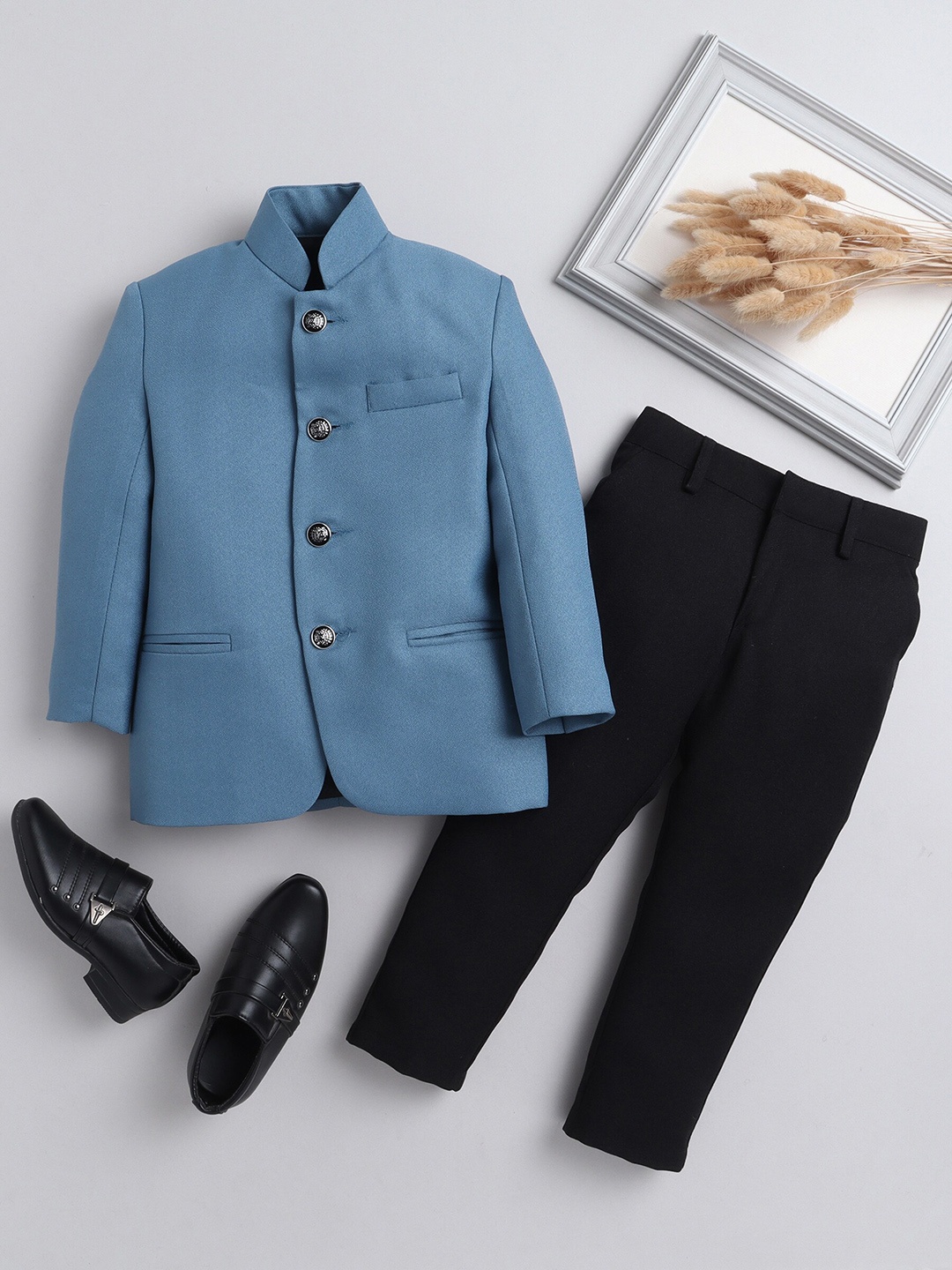 

Jeetethnics Boys Self Design Bandhgala Two-Piece Suit, Blue