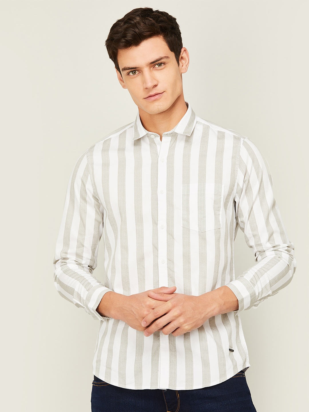 

Bossini Striped Cotton Casual Shirt, Olive