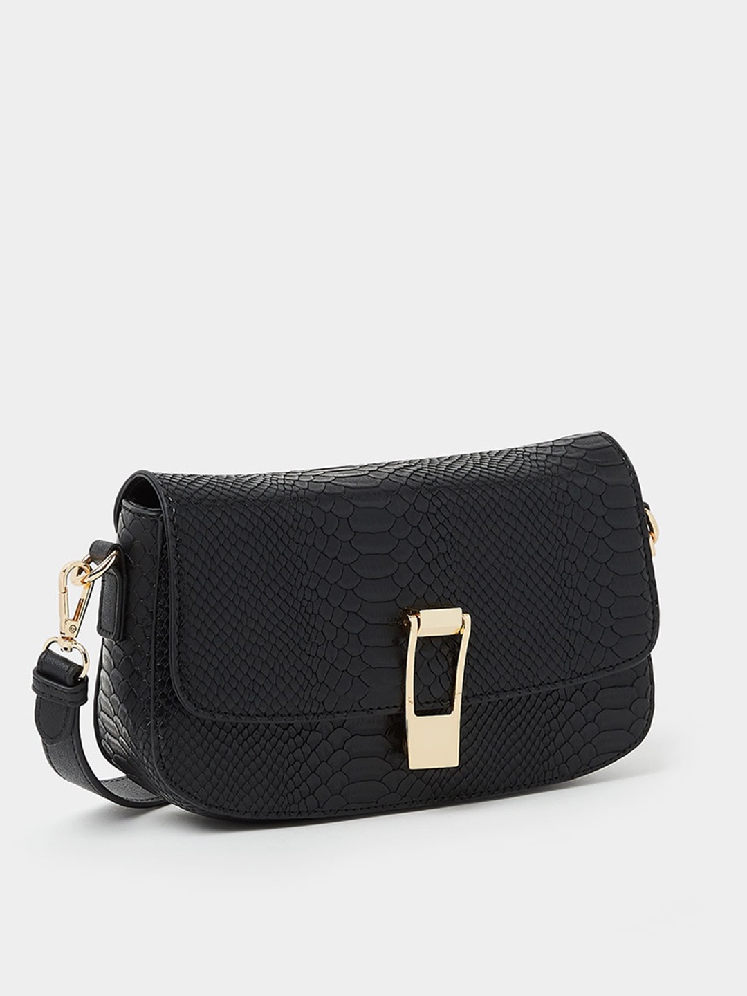 

Styli Snake Textured PU Structured Baguette Bag, Black