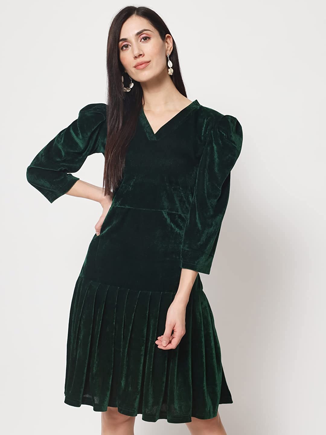 

Rudraaksha Creations V-Neck Puff Sleeves Velvet A-Line Dress, Green